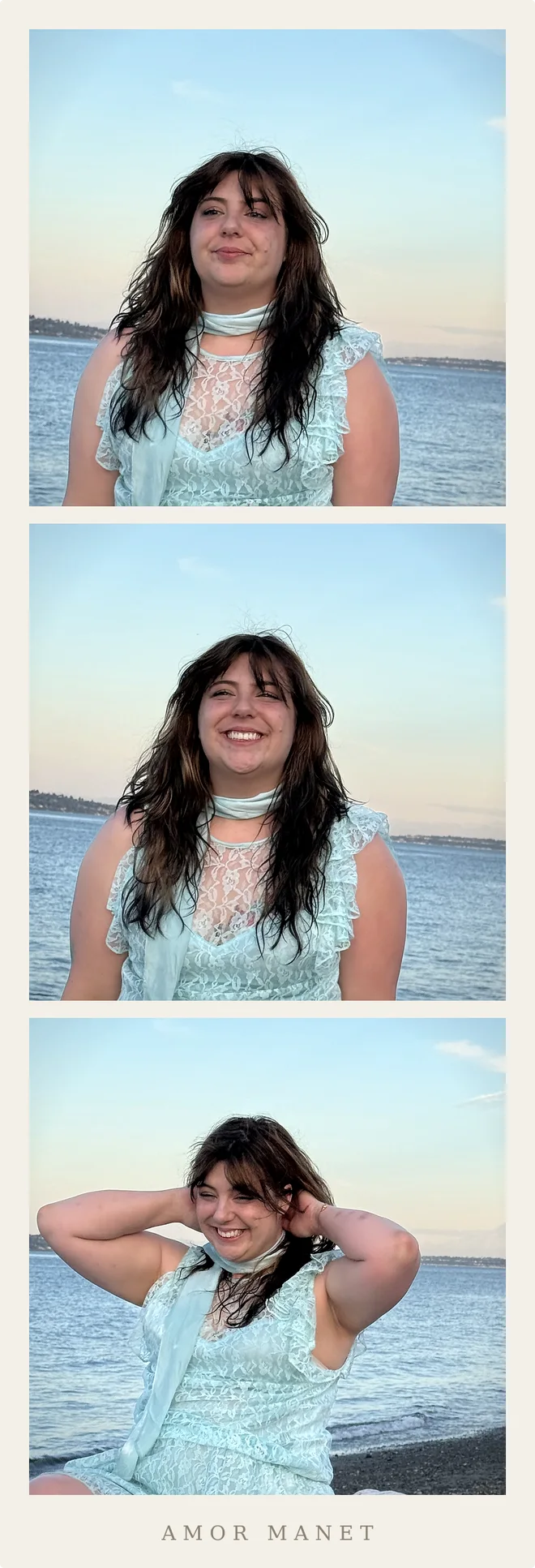 A photo-booth strip of Miranda Sita beside the Salish Sea (Puget Sound): calm and thoughtful, then laughing, then playful with hands in her hair.