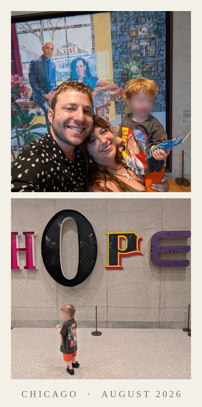 A photo-booth strip from Chicago: the three of them laughing in front of a mosaic portrait of Barack and Michelle Obama; and her small son alone on a wide floor, looking up at four enormous salvaged letters spelling HOPE.