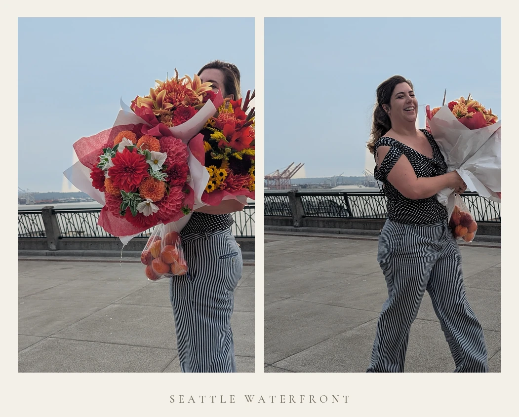 A two-frame strip on the Seattle waterfront: Miranda Sita hidden behind two enormous bouquets of dahlias, then laughing with the flowers in her arms.